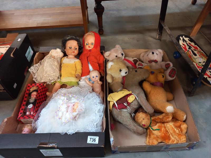2 boxes of old toys including Dolls, soft toys including Sooty glove puppet
