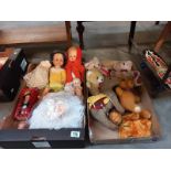 2 boxes of old toys including Dolls, soft toys including Sooty glove puppet