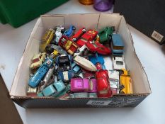 A box of play worn die cast including Matchbox, Husky, Dinky & Corgi