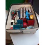 A box of play worn die cast including Dinky 984 transporter, Space 1999, Avengers, Lotus,