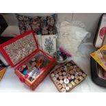 A sewing box, box of cotton reels, box of buttons etc