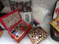 A sewing box, box of cotton reels, box of buttons etc