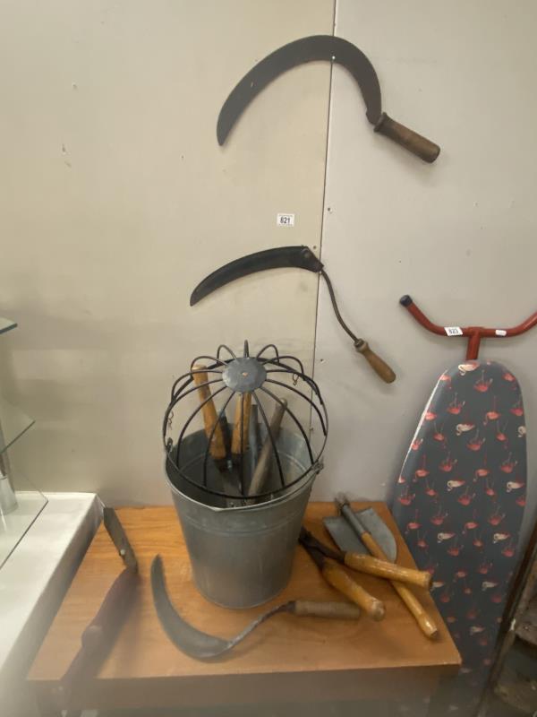 A galvanised bucket & quantity of vintage garden tools including scythes