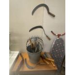 A galvanised bucket & quantity of vintage garden tools including scythes