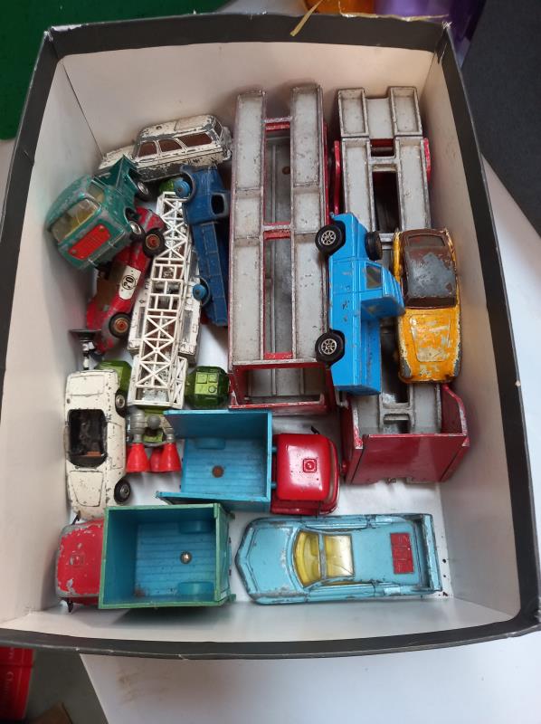 A box of play worn die cast including Dinky 984 transporter, Space 1999, Avengers, Lotus, - Image 2 of 2