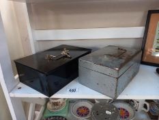 A vintage veteran series cash box with tray & 1 other without key