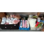 3 boxes of towels, tea towels, many of which are unused etc