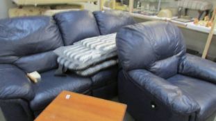 A blue leather reclining two piece suite, COLLECT ONLY.