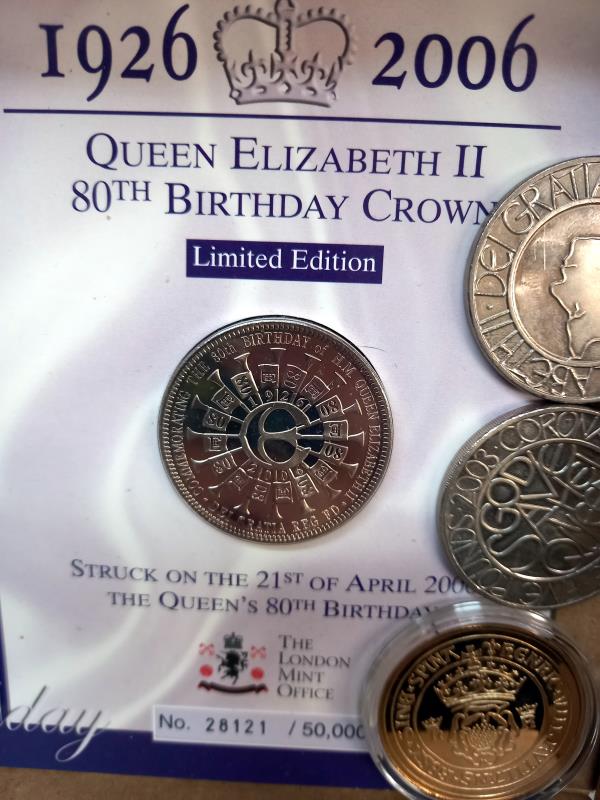 4 x Â£5 coins, 2 sealed 1926 - 2006 Queens 80th birthday & 2 x 2003 Coronation & gold plated - Image 2 of 3
