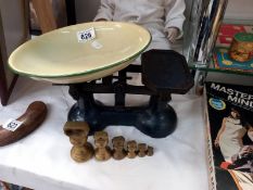 Vintage cast iron kitchen scales with enamel pan and brass weights