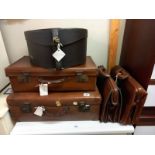 2 vintage suitcases, 2 briefcases & a hat box