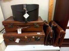 2 vintage suitcases, 2 briefcases & a hat box