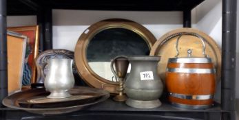 A mixed lot of metalware including brass porthole mirror, crumb tray, oak biscuit barrel etc.,