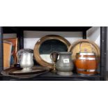 A mixed lot of metalware including brass porthole mirror, crumb tray, oak biscuit barrel etc.,