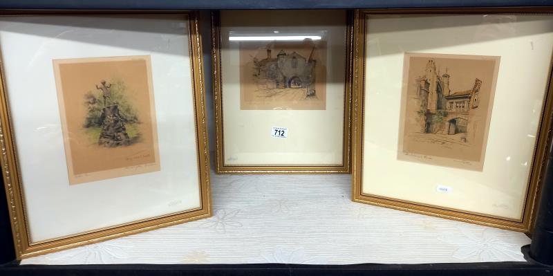 Three gilt framed coloured engravings including Peter Pan.
