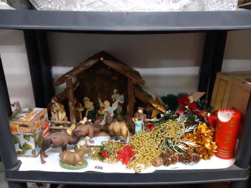 A shelf of Christmas decorations.