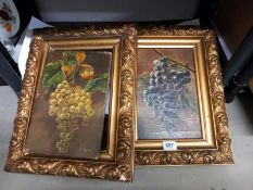 A pair of gilt framed oil on canvas painting of bunches of grapes, signed B Patrick, image 20.5 x