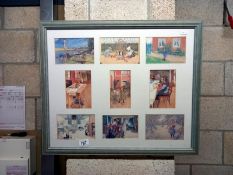 Nine postcard sized pictures in a frame.