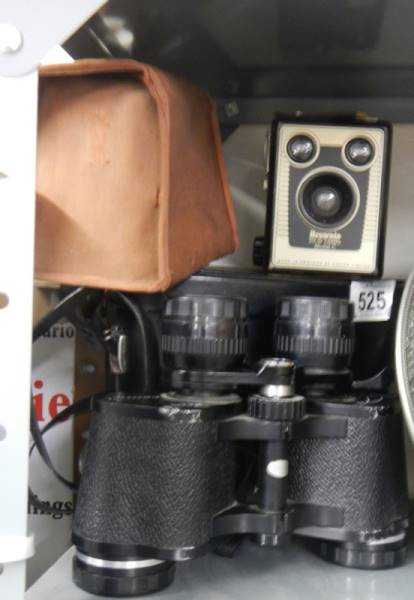 A cased pair of binoculars and a vintage camera.