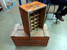 A vintage wooden Holmes bottle crate made by Tait of Hull & a Yorkshire egg producers Ltd pine box