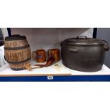 A lidded cast iron cauldron & ceramic barrel etc.