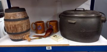 A lidded cast iron cauldron & ceramic barrel etc.