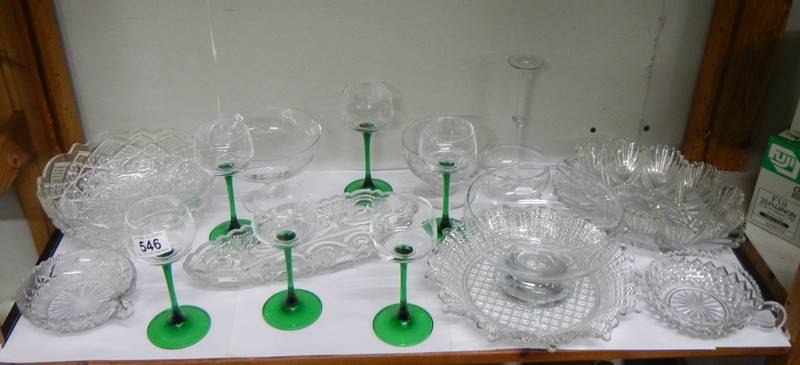 A mixed lot of glass ware including six green stem glasses. COLLECT ONLY.