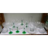 A mixed lot of glass ware including six green stem glasses. COLLECT ONLY.