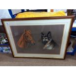 A large signed print of German shepherd dog & horse -Collect only