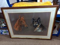 A large signed print of German shepherd dog & horse -Collect only