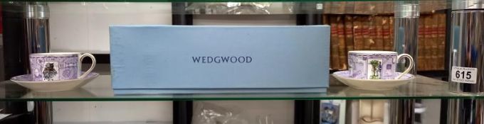 A boxed pair of Wedgwood Millenium tea cups and saucers.
