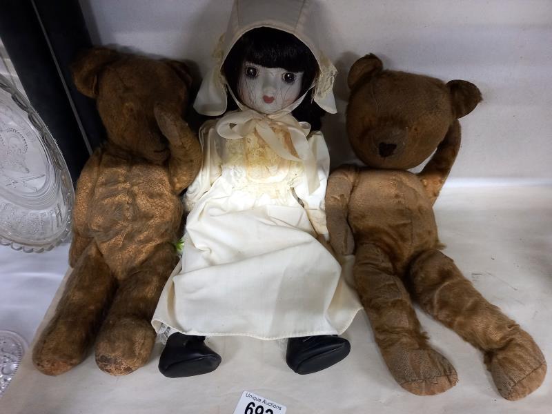 Two vintage teddy bears and a doll. - Image 2 of 2