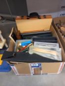 A box of writing items including pens & calligraphy etc.