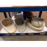 Three ceramic bed pans, a chamber pot, meat platter etc.,