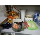 A mixed lot of ceramics including cottage biscuit barrell.