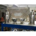 A silver plate tray, jugs etc., five pieces.