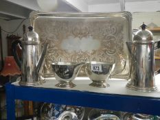 A silver plate tray, jugs etc., five pieces.