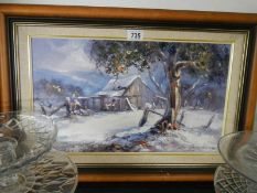A framed oil on board painting of a rural winter scene,.