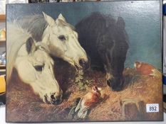 An unframed print on canvas of three horses eating hay.