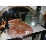 An excellent pink table centrepiece, a bird decorated plate and an oval mirror. COLLECT ONLY.