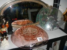 An excellent pink table centrepiece, a bird decorated plate and an oval mirror. COLLECT ONLY.