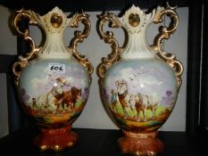 A pair of early 20th century vases hand painted with horses.