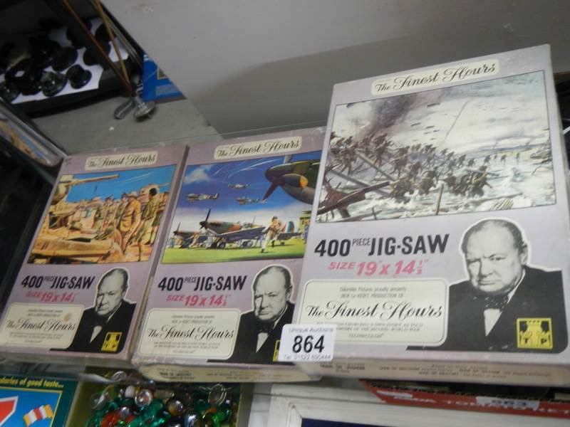 Three 'The Finest Hour' Winston Churchill jigsaw puzzles, completeness unknown.