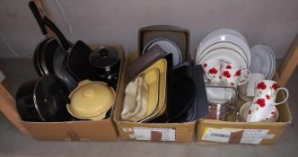 3 boxes of kitchen pans, dinner plates etc