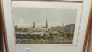 A framed and glazed continental river scene print, COLLECT ONLY.