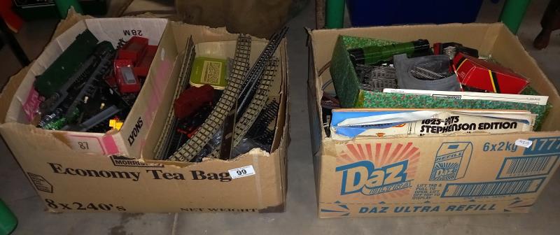 2 boxes of OO/HO gauge track including Hornby-Dublo 3 rail and transformers, rolling stock and