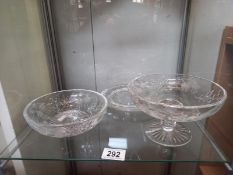 2 cut glass bowls & a plate with similar decoration