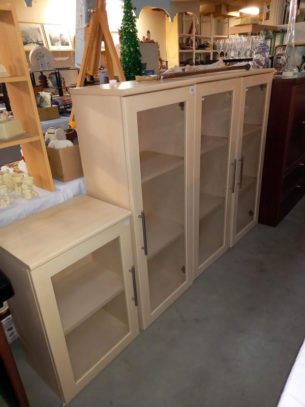 4 pine effect glazed bookcase display cabinets