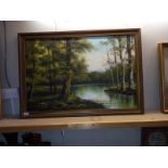 A large oil on canvas woodland water scene, 101cm x 71cm (COLLECT ONLY)