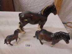 A Beswick shire horse, Beswick Shetland pony and a Beswick foal with chip on ear.